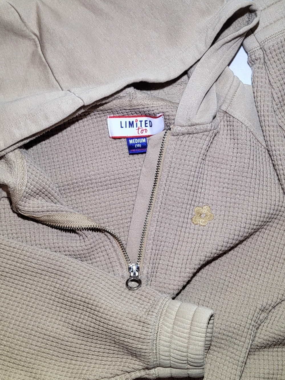 Vintage Limited Too Beige Waffle Knit Half-Zip Hoodie with Flower - Picture 1 of 5